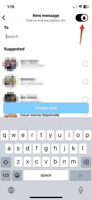 Instagram message with end-to-end encryption enabled option to start AI chat lost
