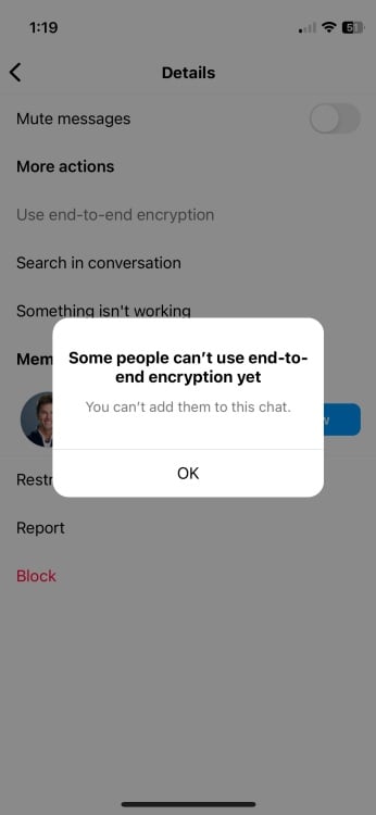 Instagram screen shows window saying end-to-end encryption is not yet available in AI chat
