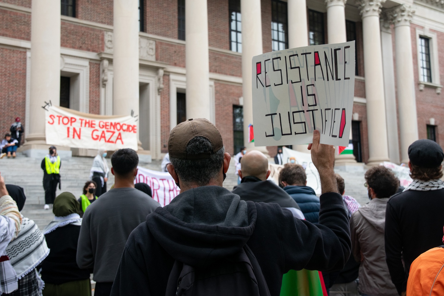 One protester held a sign saying 'the struggle is right' as the speaker condemned the Israeli government.