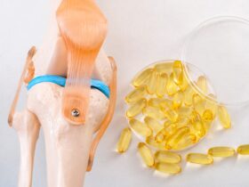 Medical model of a human knee next to fish oil capsules