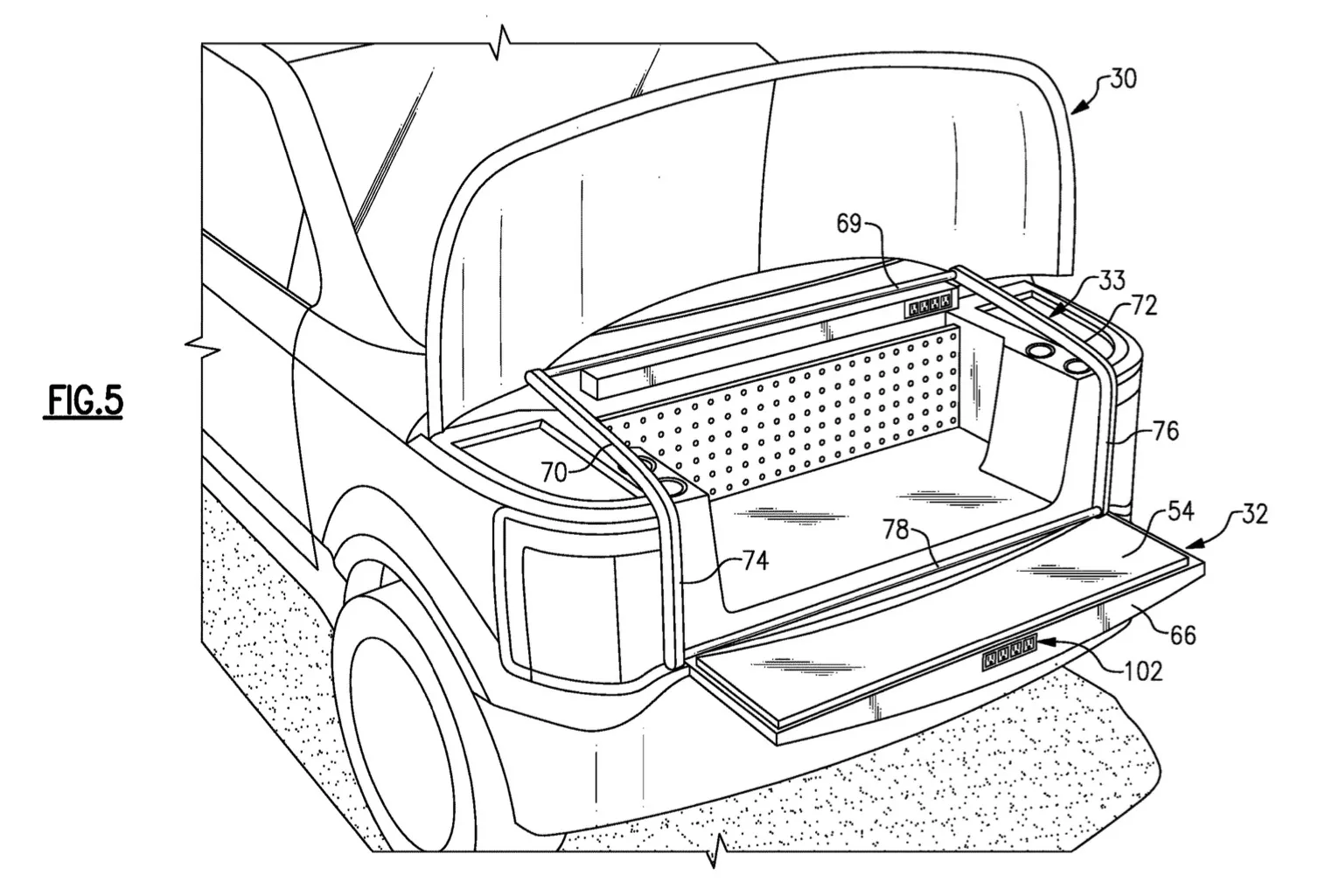 Ford patents work surface and a movable screen frunk features