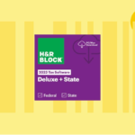 The logo for H&R Block Tax Software Deluxe Federal and State 2023 is displayed against a yellow background.