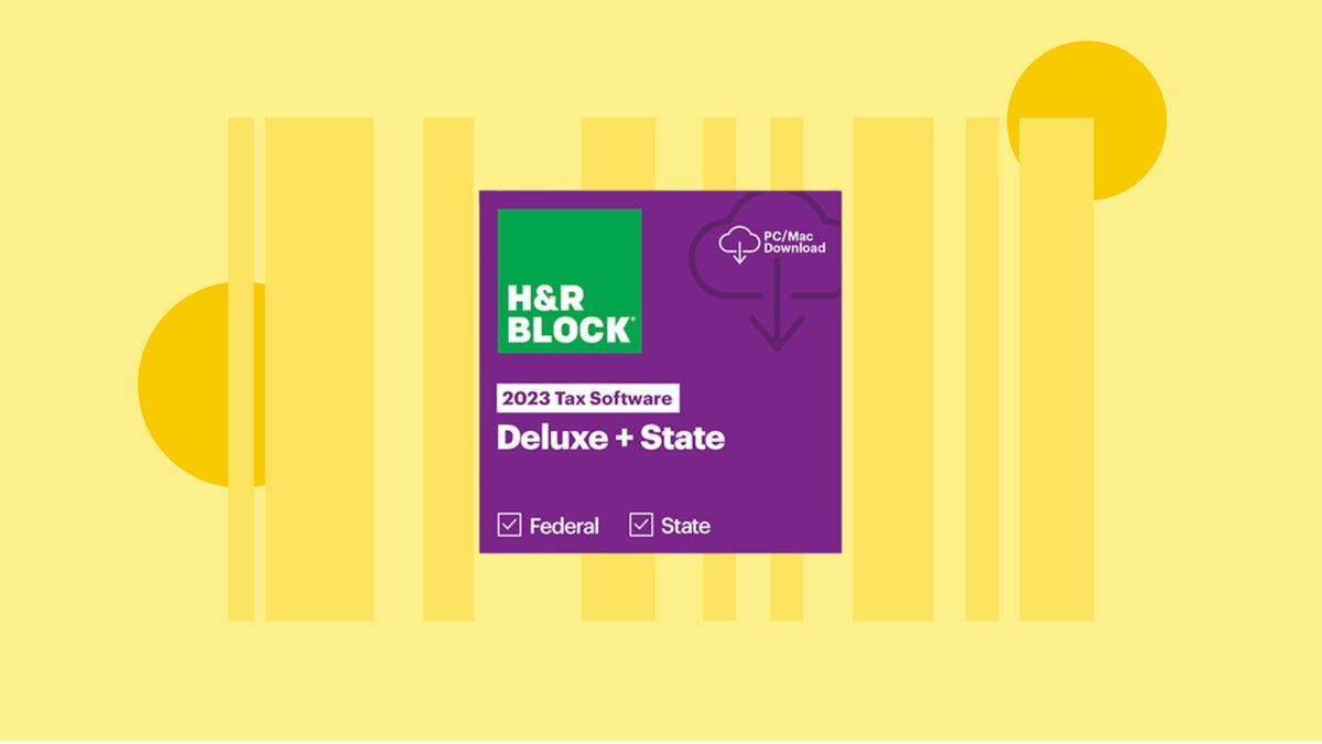 The logo for H&R Block Tax Software Deluxe Federal and State 2023 is displayed against a yellow background.