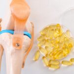 Medical model of a human knee next to fish oil capsules
