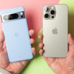 The Pixel 8 Pro (left) and iPhone 15 Pro (right)