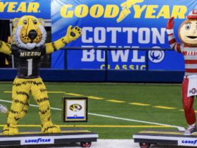 These Cotton Bowl mascots are crafted from car tires