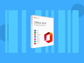 The Windows version of Microsoft Office 2019 is displayed against a blue background.