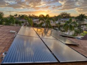 Rooftop solar panels in Florida at sunrise.