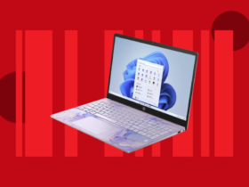 A 15-inch HP laptop is displayed against a red background.